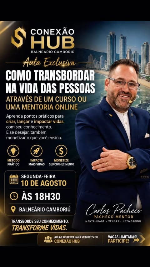 Você tem conhecimento que pode transformar vidas. A pergunta é: o que está te impedindo de compartilhar isso?
Nesta segunda-feira, dia 10 de agosto, às 18h30, vou realizar uma aula exclusiva no Conexão Hub – Balneário Camboriú, onde vou mostrar, de forma prática, como transformar seu conhecimento em um curso ou mentoria online.
Você vai aprender como:
✔️ Estruturar seu conhecimento.
✔️ Criar uma mentoria ou curso do zero.
✔️ Gerar impacto na vida das pessoas.
✔️ Monetizar esse conhecimento (se esse for o seu objetivo) ou oferecer gratuitamente para servir mais pessoas.
Se você ainda não é membro do Conexão Hub e nem aluno da Escola Hub, esta é a sua oportunidade!
Você pode participar como meu convidado, desde que nunca tenha participado de um evento no Hub.
🎁 Entrada: apenas 1 kg de alimento não perecível, que será destinado a uma ação solidária.
📍 Mora em Balneário Camboriú ou região? Venha participar presencialmente.
🌎 Mora em outro estado? Você também pode acompanhar online, como meu convidado.
⚠️ As vagas são limitadas.
📩 Para garantir seu convite, envie uma mensagem no meu direct.
Eu vou passar todas as informações de acesso.
Tenho certeza de que essa aula pode mudar a forma como você enxerga o valor do seu conhecimento. Nos vemos na segunda-feira! 🚀